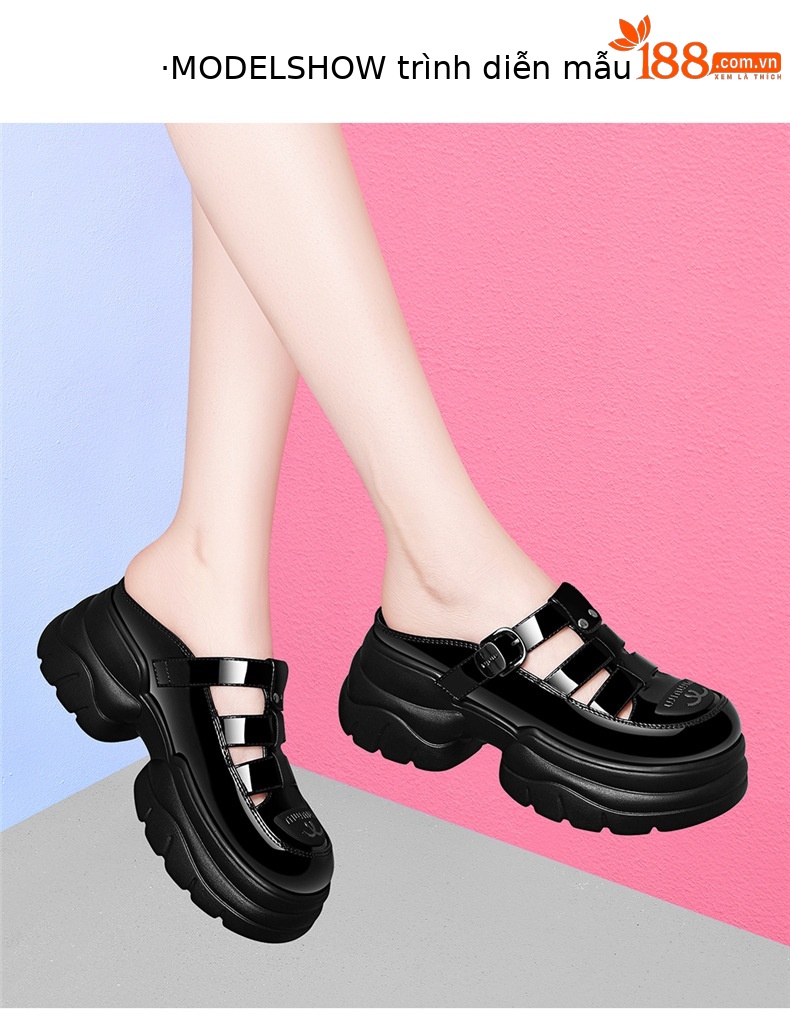 Dép sandal nữ quai chữ V đế xuồng dày 5 cm, phong cách La Mã, mũi kín, kiểu lười khoét lỗ — JST 7131 màu đen, JST 7131m màu chi tiết 4