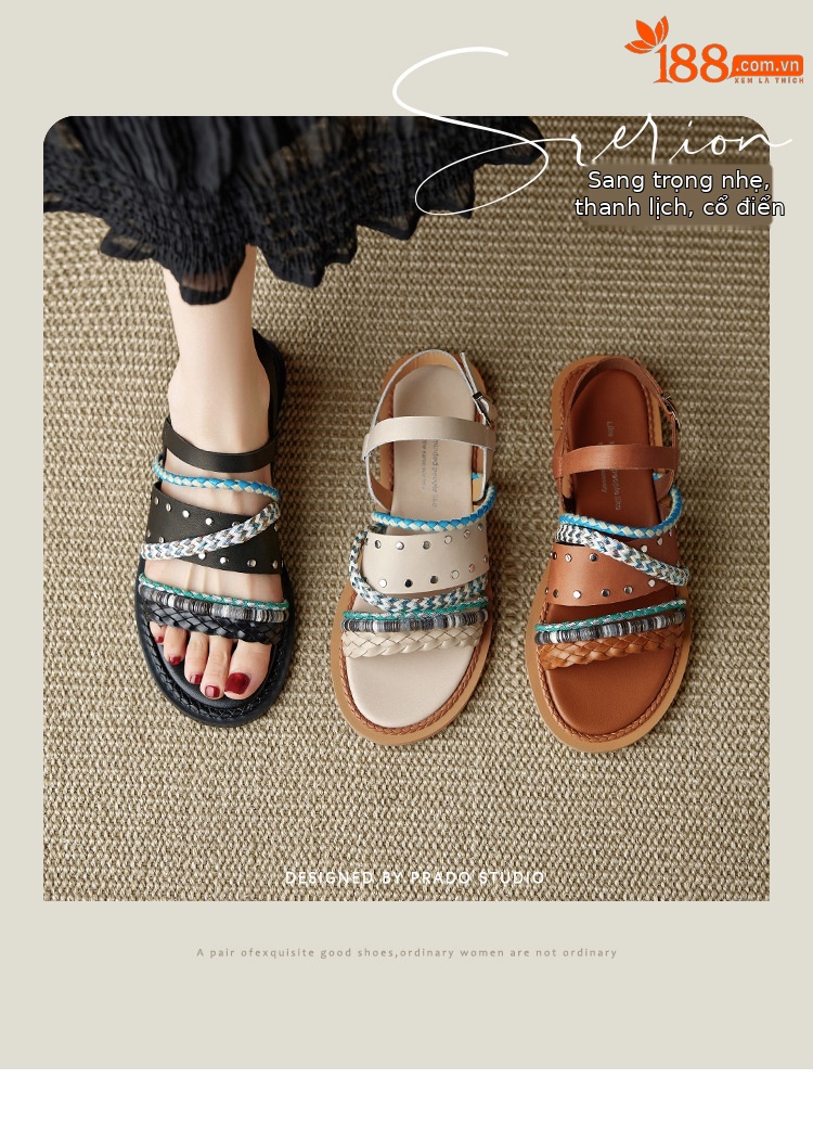 Dép sandal nữ quai ngang đế bằng da bò dệt phối màu, kiểu La Mã hở mũi — đen chi tiết 1