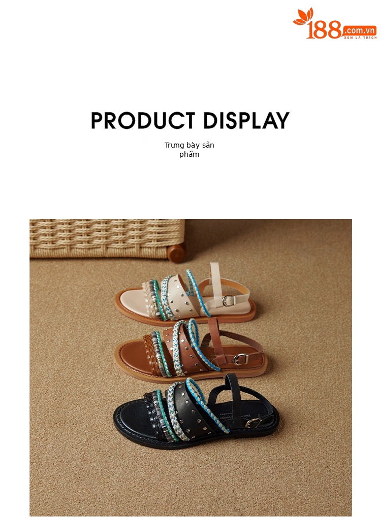Dép sandal nữ quai ngang đế bằng da bò dệt phối màu, kiểu La Mã hở mũi — đen chi tiết 22