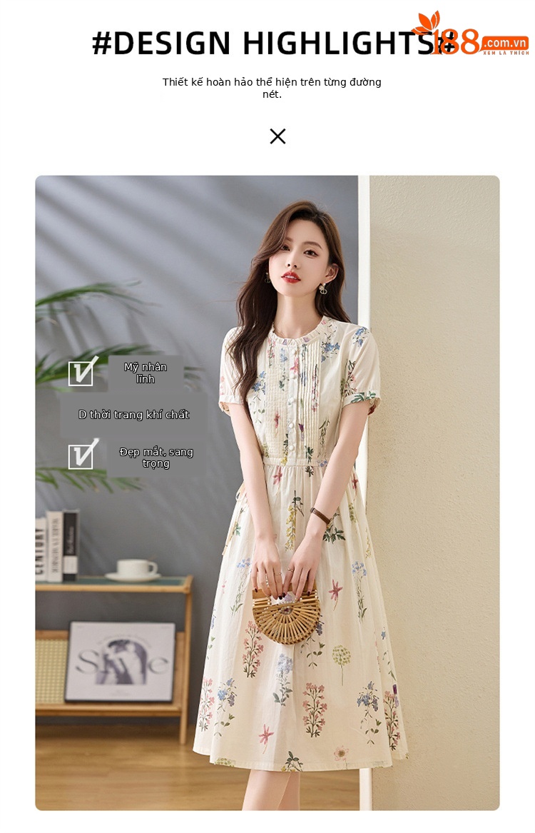 Váy liền hoa nhí cotton thắt eo tay ngắn mùa hè 2025 NI2807 — Hoa gạo chi tiết 3