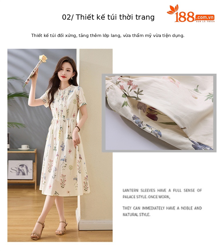 Váy liền hoa nhí cotton thắt eo tay ngắn mùa hè 2025 NI2807 — Hoa gạo chi tiết 5