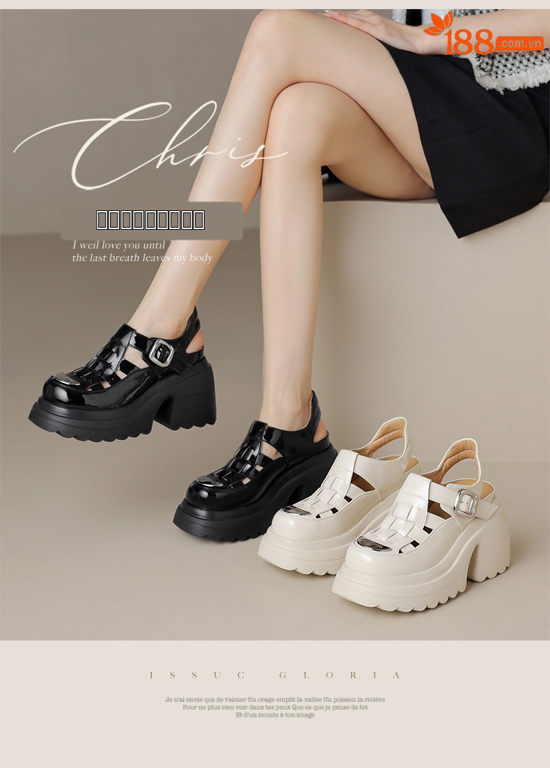 Sandal bít mũi đế dày da bóng phong cách La Mã, gót cao 10 cm — Màu be, Màu đen chi tiết 1