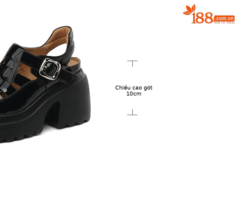 Sandal bít mũi đế dày da bóng phong cách La Mã, gót cao 10 cm — Màu be, Màu đen chi tiết 3