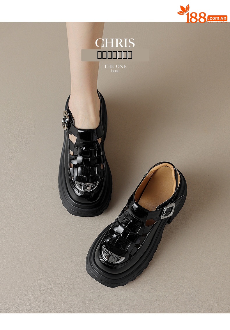 Sandal bít mũi đế dày da bóng phong cách La Mã, gót cao 10 cm — Màu be, Màu đen chi tiết 4
