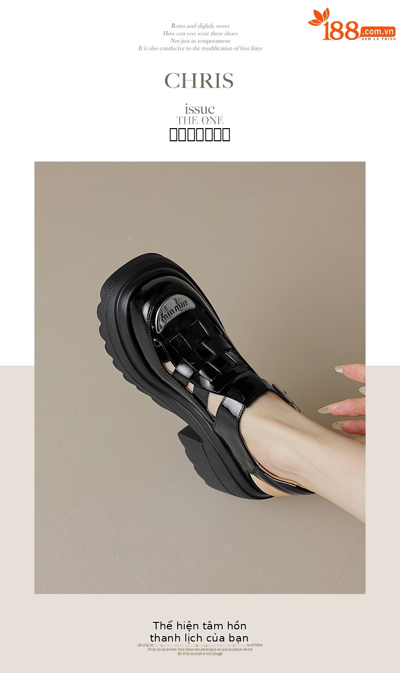 Sandal bít mũi đế dày da bóng phong cách La Mã, gót cao 10 cm — Màu be, Màu đen chi tiết 6