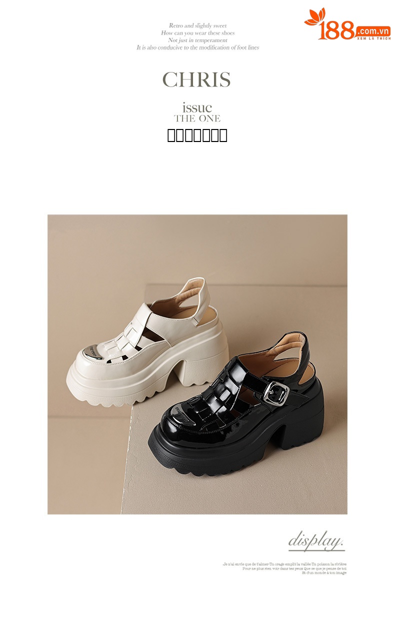 Sandal bít mũi đế dày da bóng phong cách La Mã, gót cao 10 cm — Màu be, Màu đen chi tiết 11