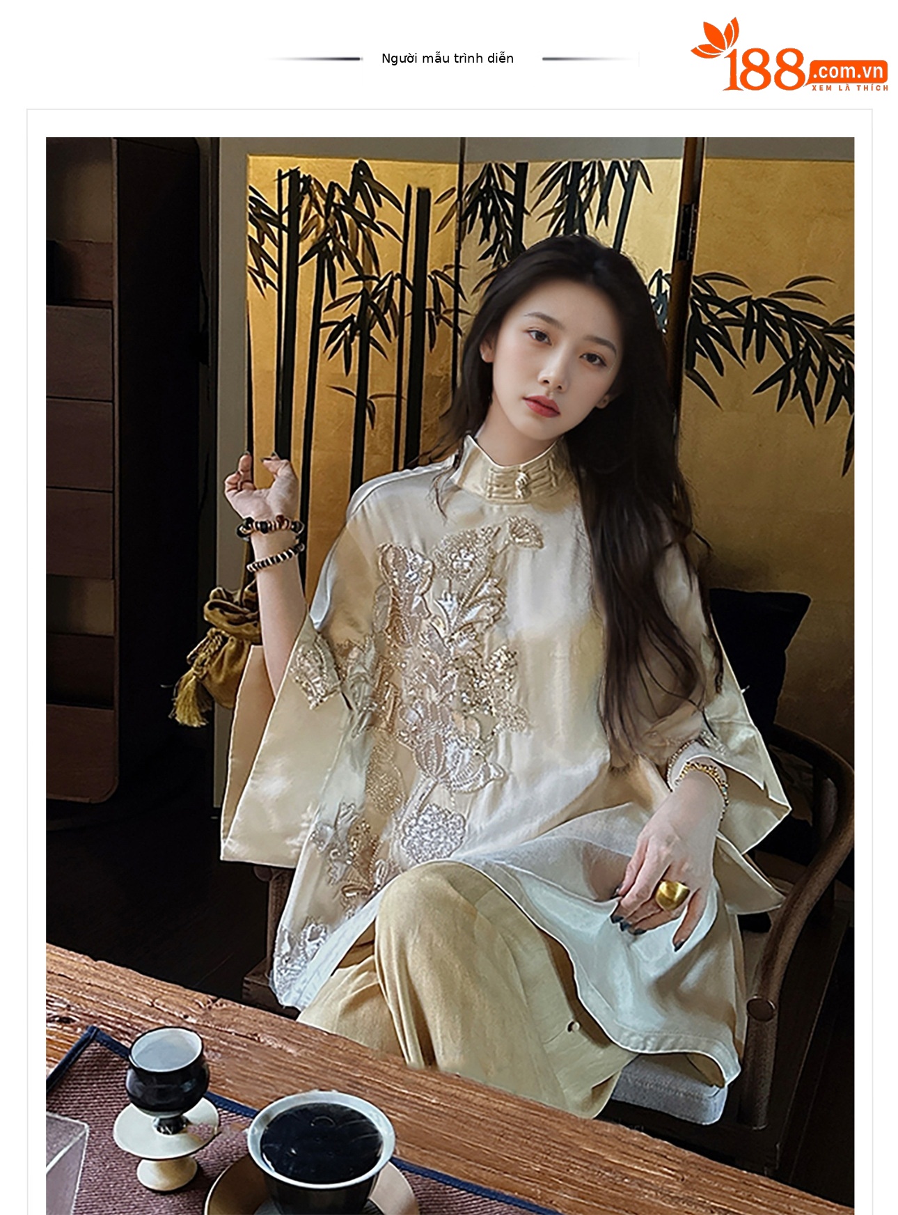 Áo sơ mi nữ dáng rộng phong cách Trung Hoa mới, thêu nút và ngọc trai hình sen, dài trung bình N6077 — Màu mơ chi tiết 1