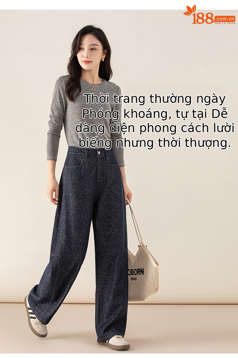 Quần jean ống rộng hình kén cotton-lan màu xanh cổ điển nữ phiên bản hẹp — màu xanh denim chi tiết 14