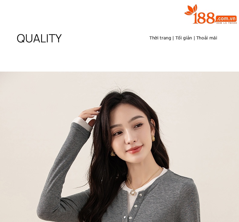 Áo thun giả hai mảnh nữ cổ tròn, chất len Tencel mỏng nhẹ, phối màu patchwork — đen chi tiết 1