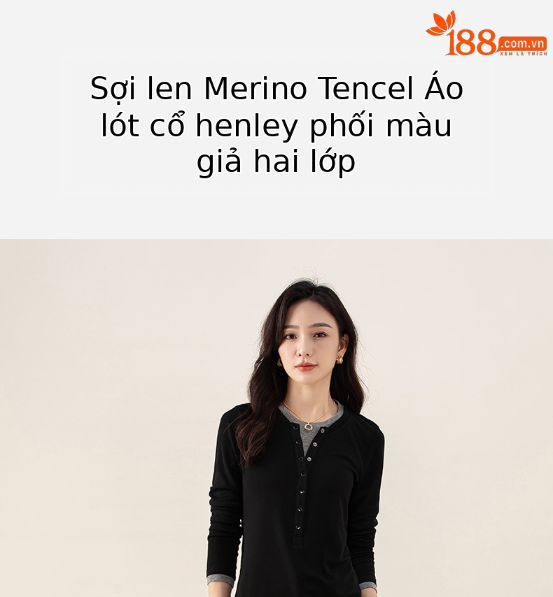 Áo thun giả hai mảnh nữ cổ tròn, chất len Tencel mỏng nhẹ, phối màu patchwork — đen chi tiết 3