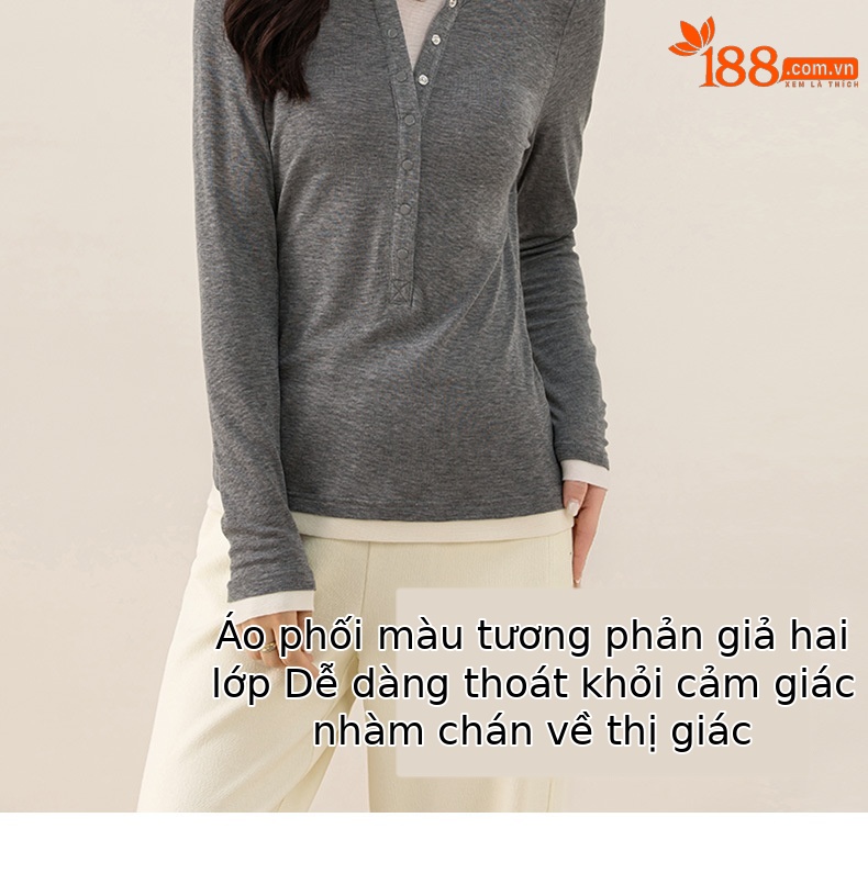 Áo thun giả hai mảnh nữ cổ tròn, chất len Tencel mỏng nhẹ, phối màu patchwork — đen chi tiết 10