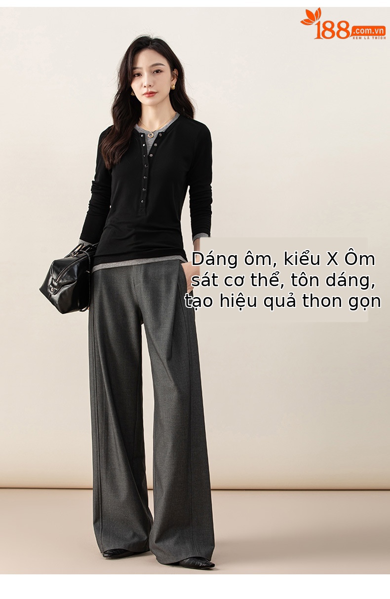 Áo thun giả hai mảnh nữ cổ tròn, chất len Tencel mỏng nhẹ, phối màu patchwork — đen chi tiết 11