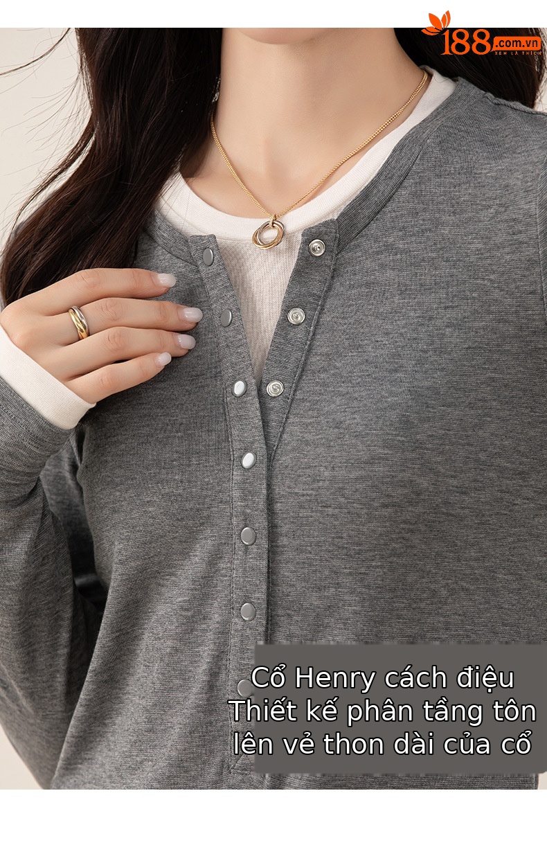 Áo thun giả hai mảnh nữ cổ tròn, chất len Tencel mỏng nhẹ, phối màu patchwork — đen chi tiết 12