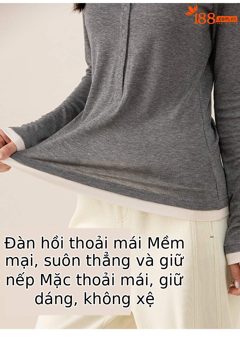 Áo thun giả hai mảnh nữ cổ tròn, chất len Tencel mỏng nhẹ, phối màu patchwork — đen chi tiết 13