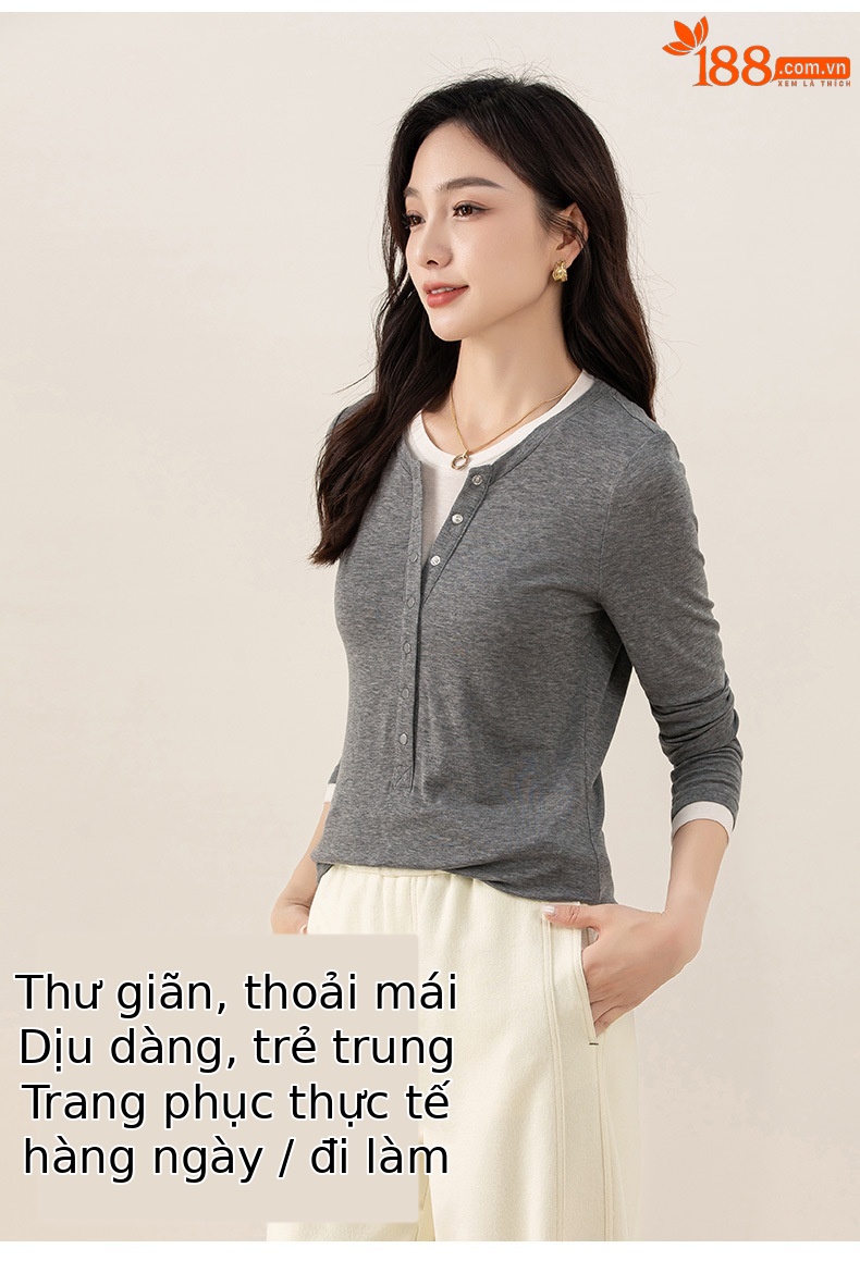 Áo thun giả hai mảnh nữ cổ tròn, chất len Tencel mỏng nhẹ, phối màu patchwork — đen chi tiết 14