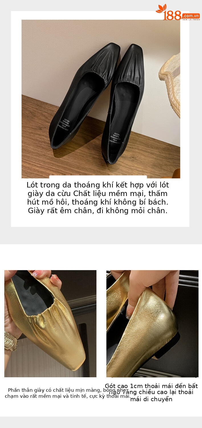 Giày bệt nữ da dê nhăn phong cách châu Âu mũi tròn đế bằng — màu nâu, đen, vàng chi tiết 2