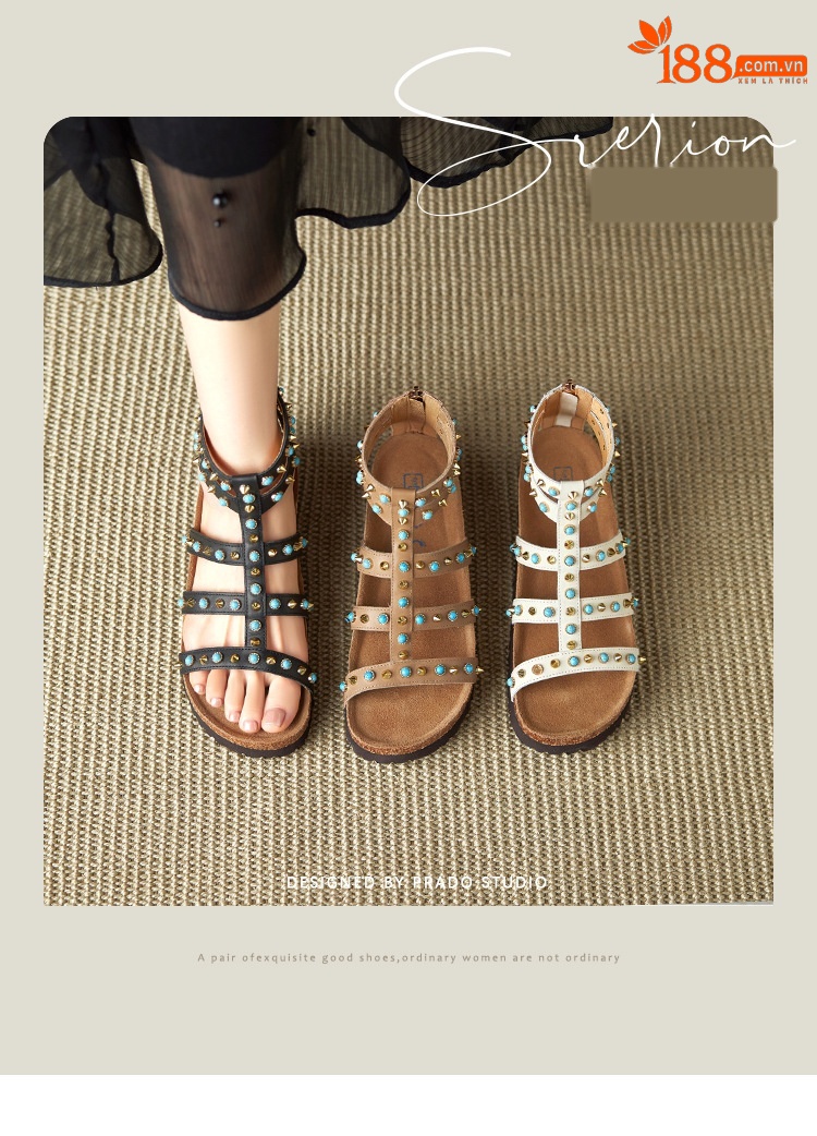 Sandal nữ hở mũi đế dày 4.5 cm phong cách Bohemian đinh tán — đen chi tiết 1