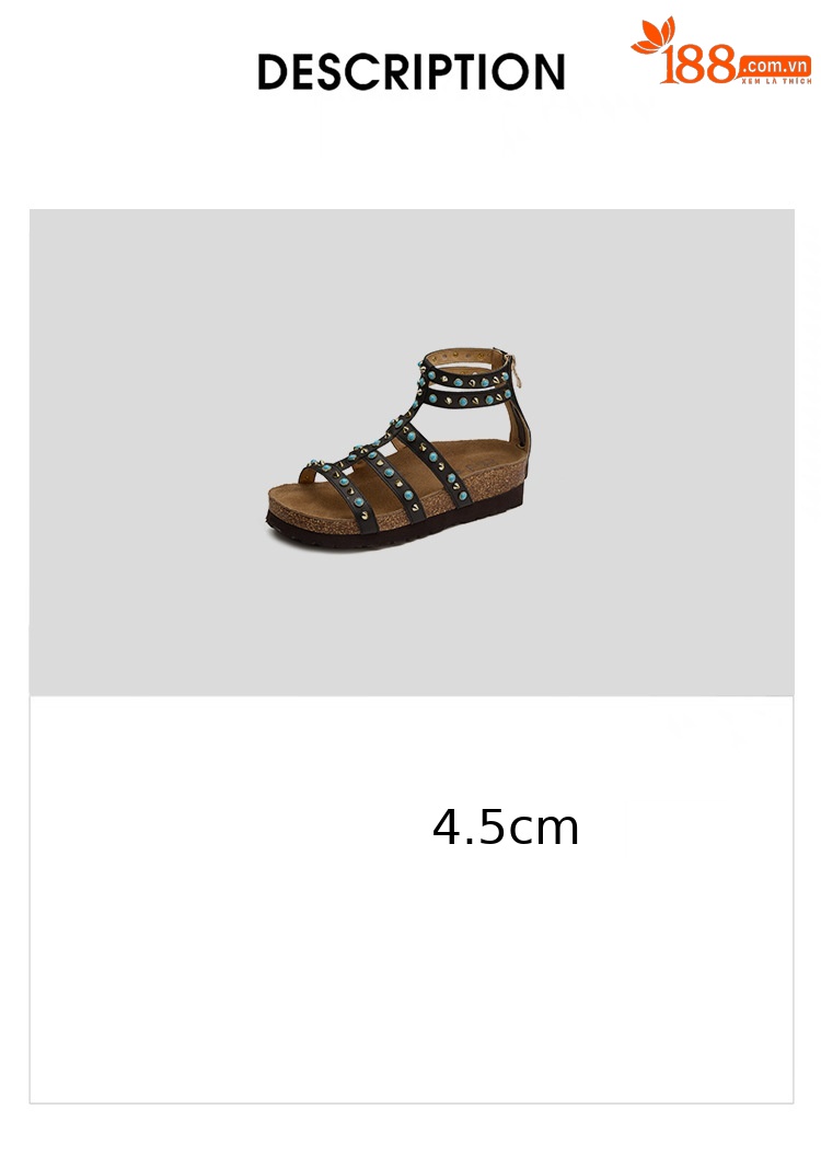 Sandal nữ hở mũi đế dày 4.5 cm phong cách Bohemian đinh tán — đen chi tiết 4