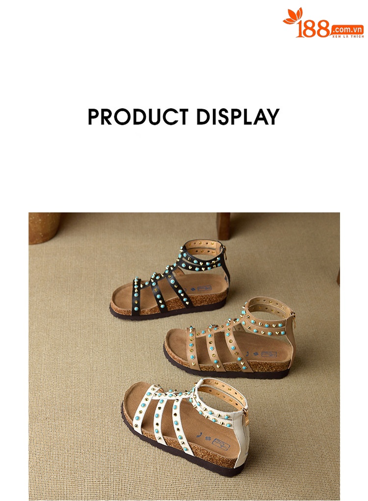 Sandal nữ hở mũi đế dày 4.5 cm phong cách Bohemian đinh tán — đen chi tiết 19