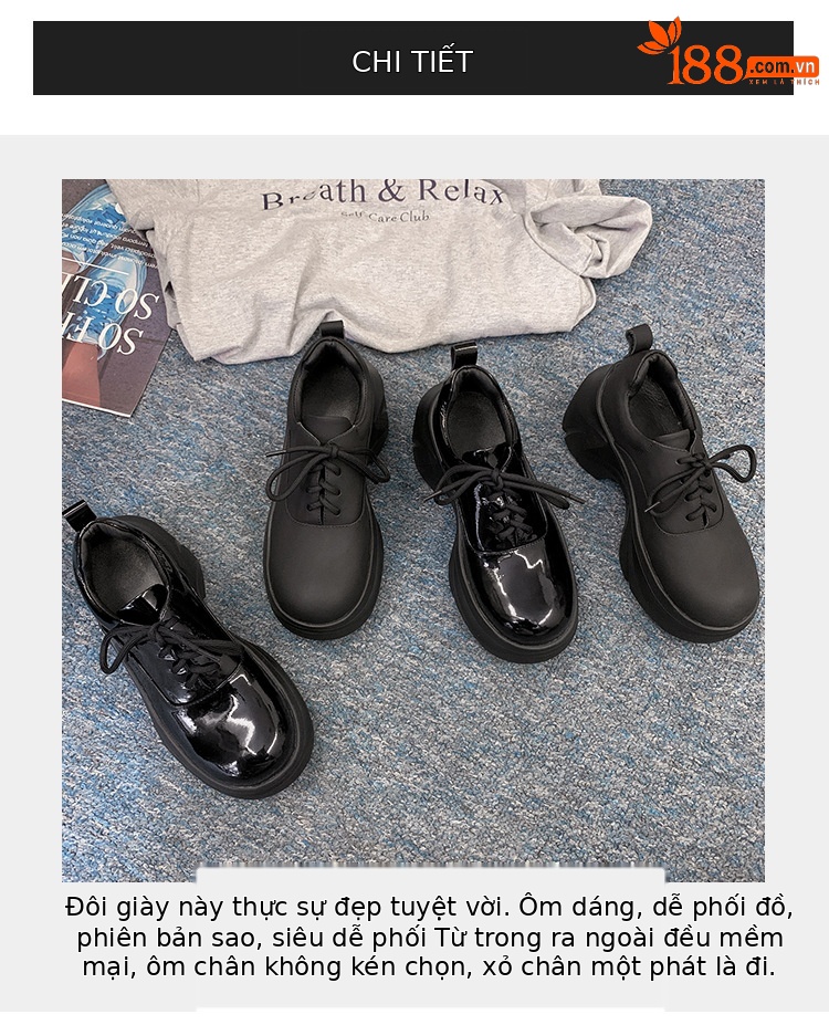 Giày lười nữ đế xuồng Yichuan tăng chiều cao 9 cm, phong cách platform mũi to — đen (da sáng chế), Màu đen (da bò mờ) chi tiết 2