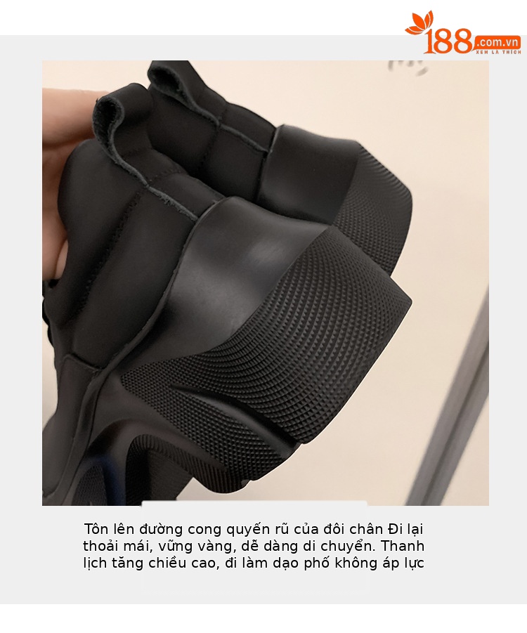 Giày lười nữ đế xuồng Yichuan tăng chiều cao 9 cm, phong cách platform mũi to — đen (da sáng chế), Màu đen (da bò mờ) chi tiết 6
