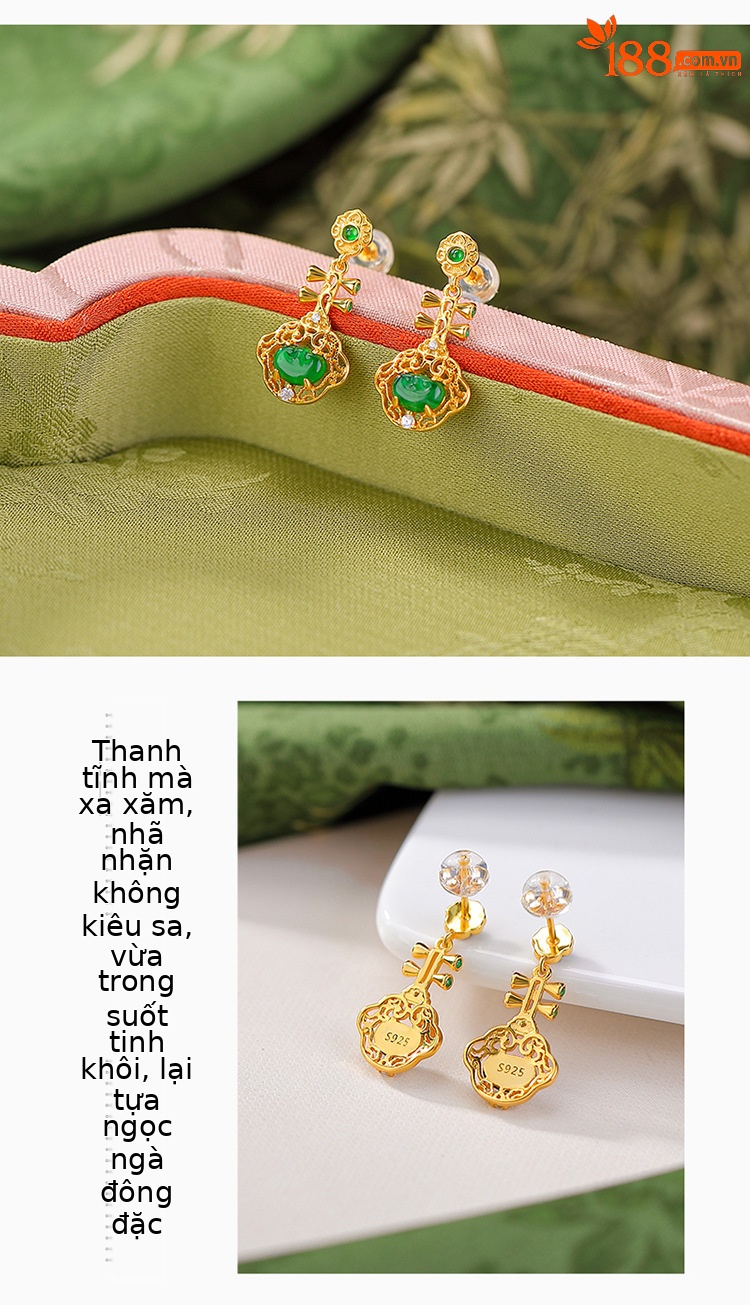 Bông tai bạc S925 mạ vàng đính ngọc lục bảo tự nhiên kiểu Ruyi Pipa rỗng phong cách Trung Quốc — Kiểu màu bạc chi tiết 3