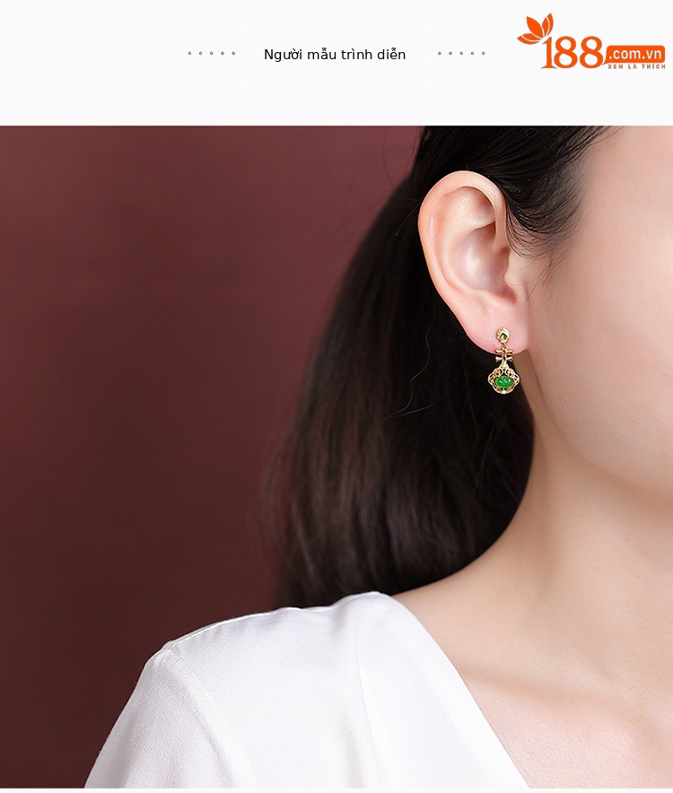 Bông tai bạc S925 mạ vàng đính ngọc lục bảo tự nhiên kiểu Ruyi Pipa rỗng phong cách Trung Quốc — Kiểu màu bạc chi tiết 5