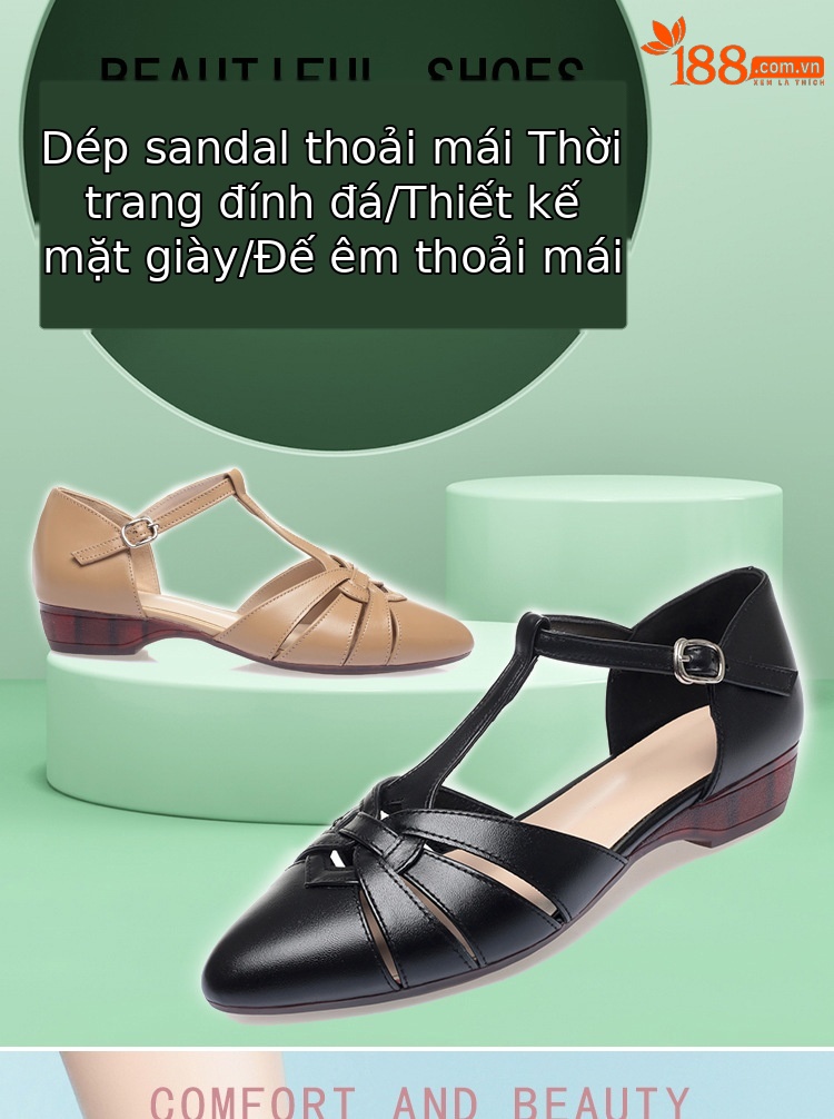Dép sandal nữ da thật đế bằng quai chữ V mùa hè — màu be chi tiết 1