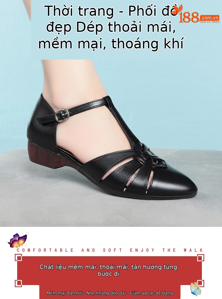 Dép sandal nữ da thật đế bằng quai chữ V mùa hè — màu be chi tiết 2