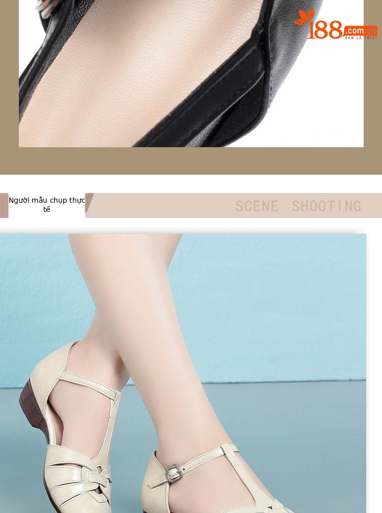 Dép sandal nữ da thật đế bằng quai chữ V mùa hè — màu be chi tiết 6