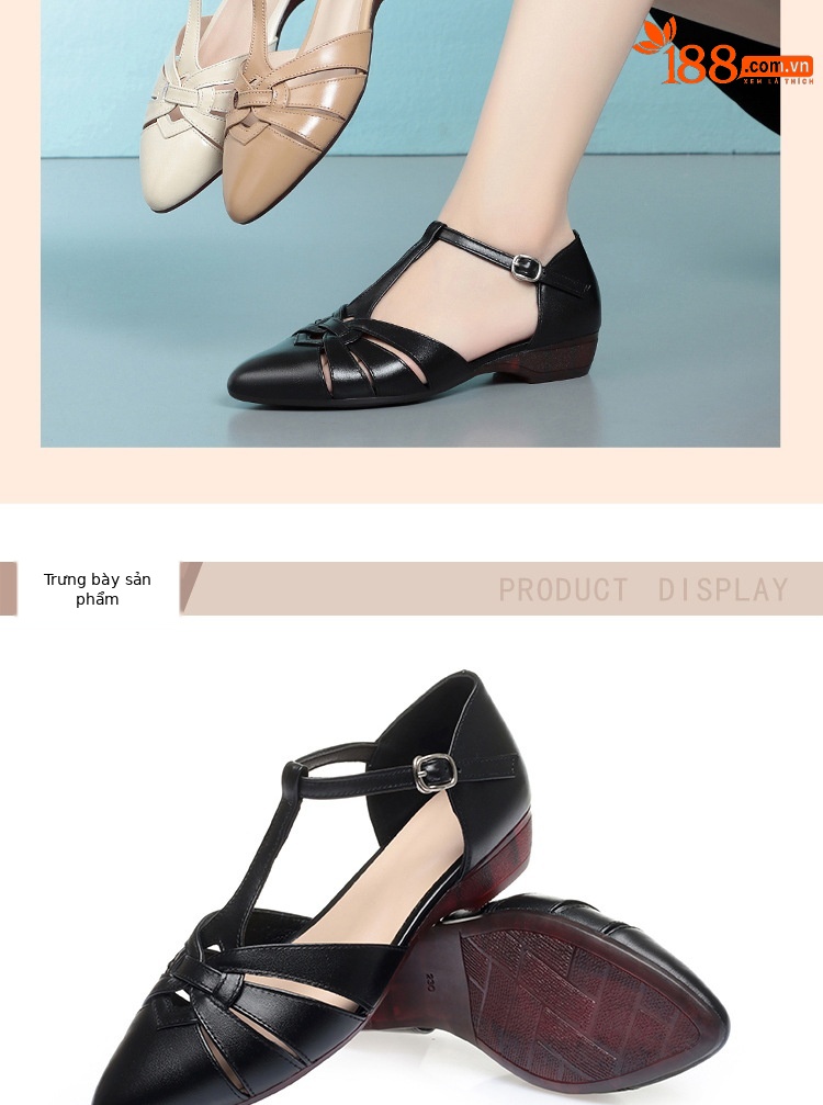 Dép sandal nữ da thật đế bằng quai chữ V mùa hè — màu be chi tiết 13