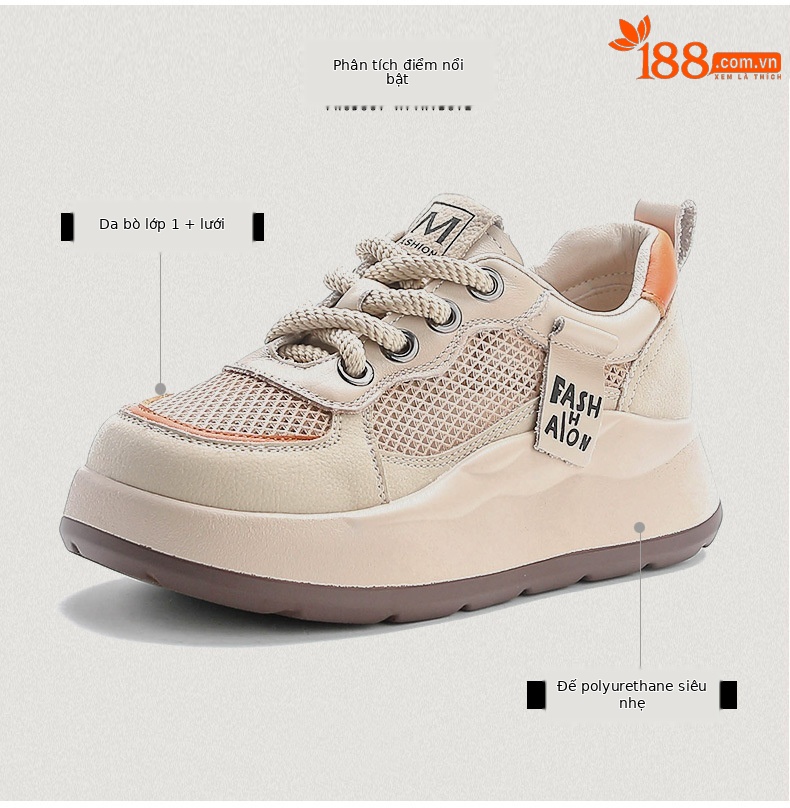 Giày sneaker nữ đế dày da bò lưới thoáng khí phong cách thể thao — Màu be chi tiết 3