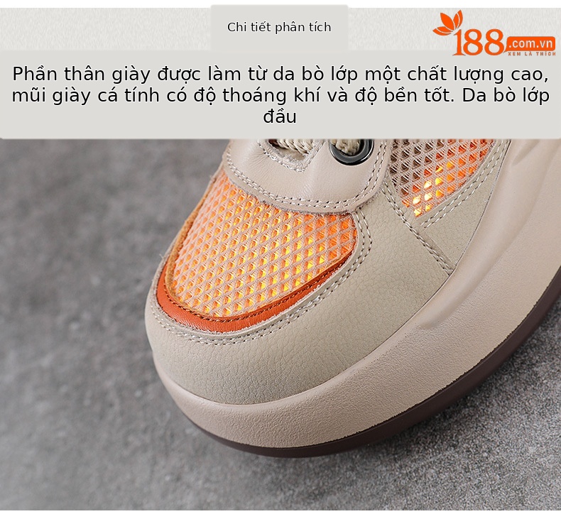 Giày sneaker nữ đế dày da bò lưới thoáng khí phong cách thể thao — Màu be chi tiết 4