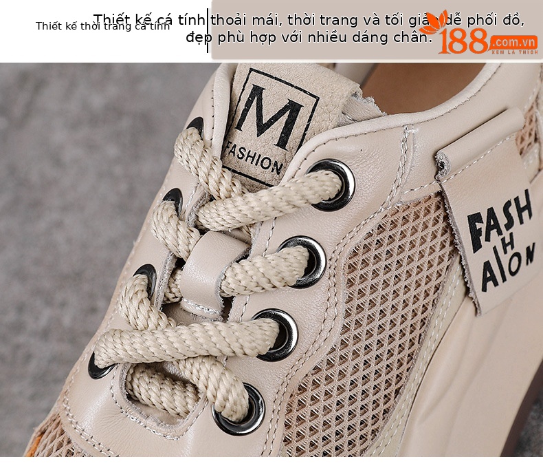 Giày sneaker nữ đế dày da bò lưới thoáng khí phong cách thể thao — Màu be chi tiết 5