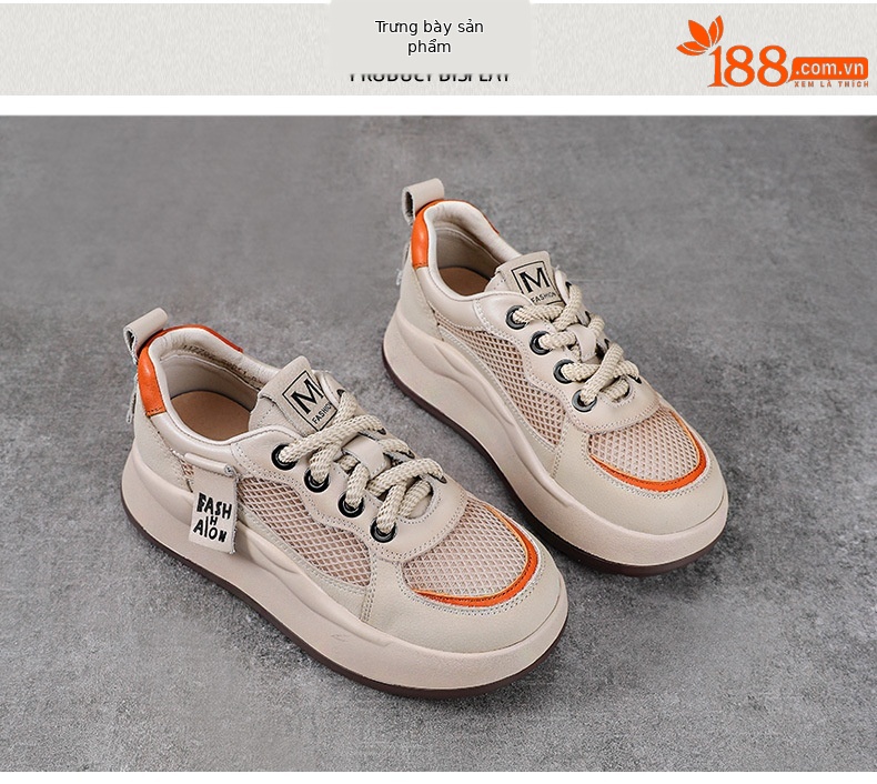 Giày sneaker nữ đế dày da bò lưới thoáng khí phong cách thể thao — Màu be chi tiết 10