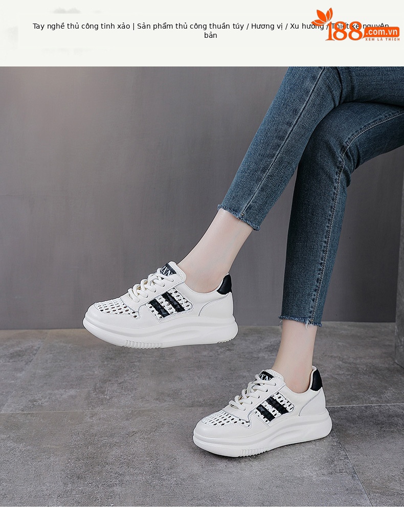 Giày sneaker nữ da bò lỗ rỗng đế dày thoáng khí mùa hè — đen chi tiết 1