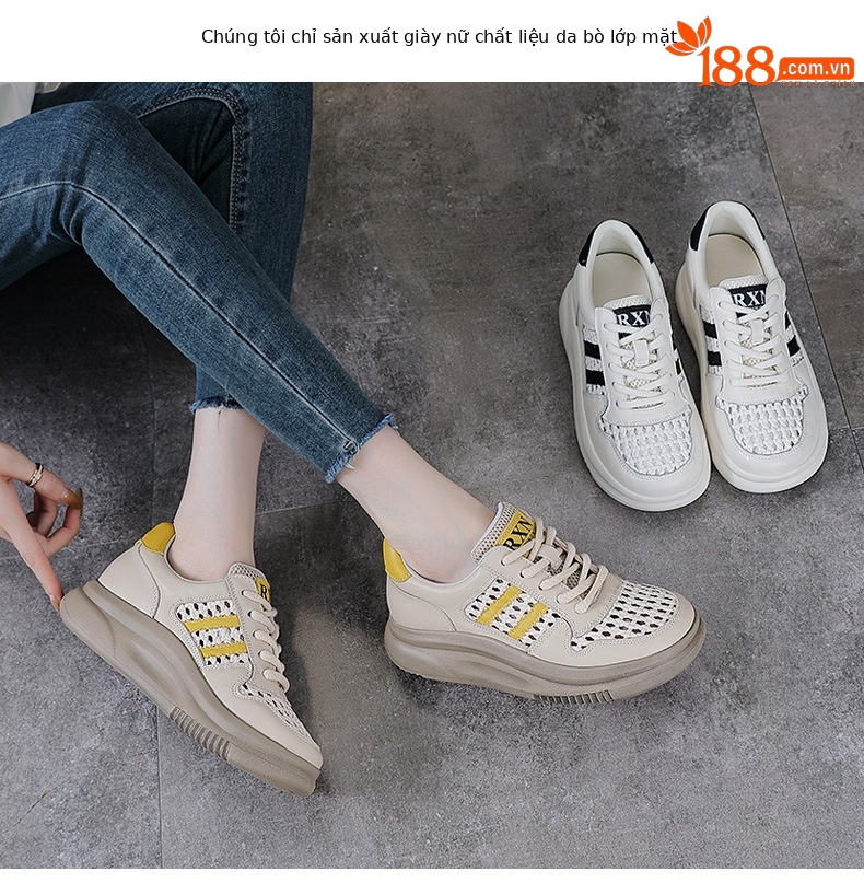 Giày sneaker nữ da bò lỗ rỗng đế dày thoáng khí mùa hè — đen chi tiết 2