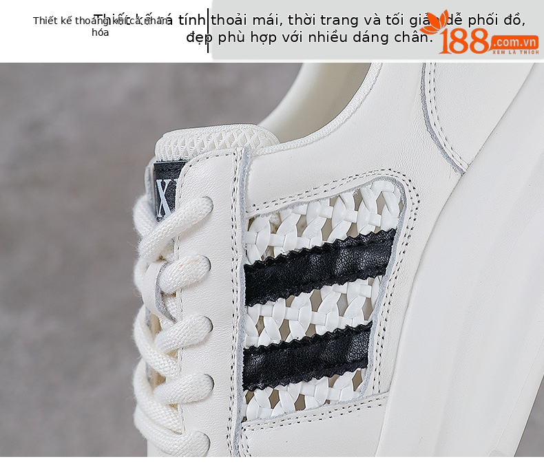 Giày sneaker nữ da bò lỗ rỗng đế dày thoáng khí mùa hè — đen chi tiết 5