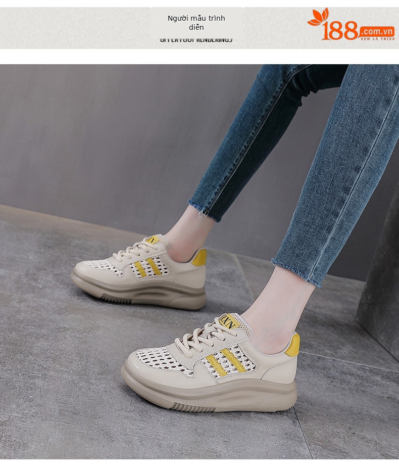 Giày sneaker nữ da bò lỗ rỗng đế dày thoáng khí mùa hè — đen chi tiết 9