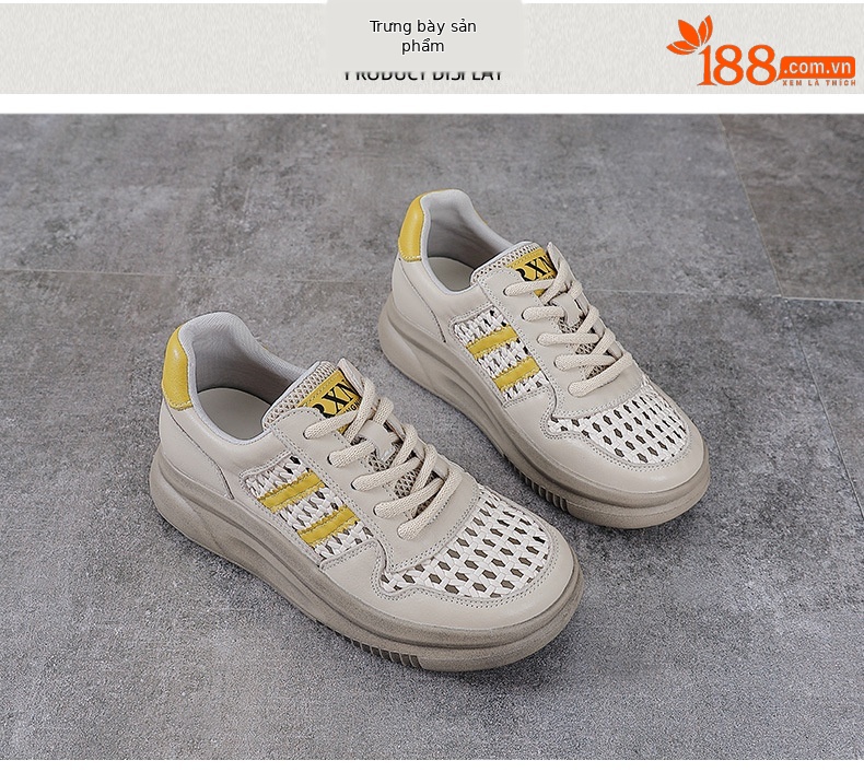 Giày sneaker nữ da bò lỗ rỗng đế dày thoáng khí mùa hè — đen chi tiết 10