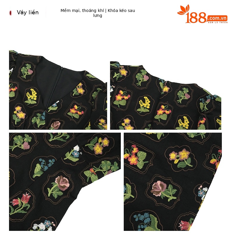 Váy ôm hông nữ phong cách retro thiết kế thêu hoa họa tiết công nghiệp nặng — Màu đen chi tiết 3