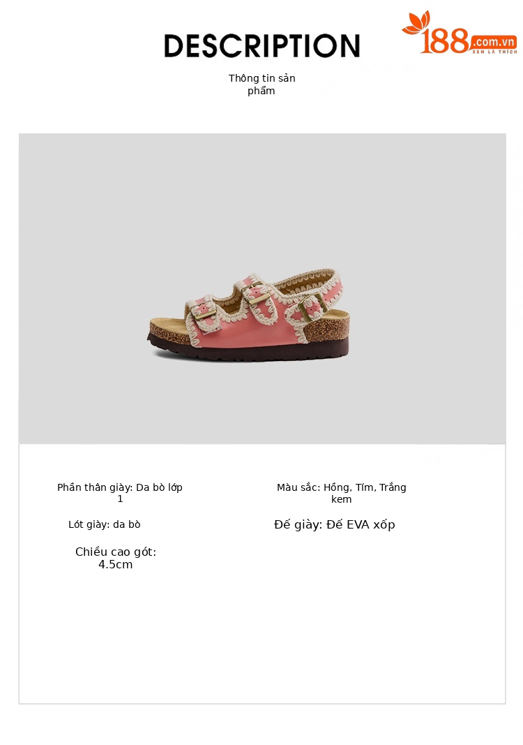 Dép sandal nữ hở mũi da bò đế dày phong cách Birkenstock — tím chi tiết 4