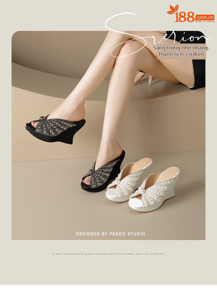 Sandal cao gót nữ đế xuồng 9cm quai ngang đính cườm ngọc trai — Màu đen, Màu trắng sữa chi tiết 1