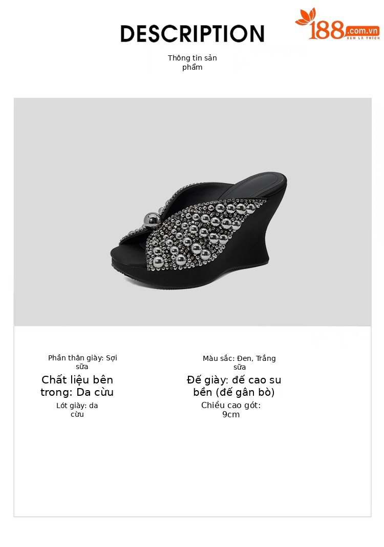 Sandal cao gót nữ đế xuồng 9cm quai ngang đính cườm ngọc trai — Màu đen, Màu trắng sữa chi tiết 2
