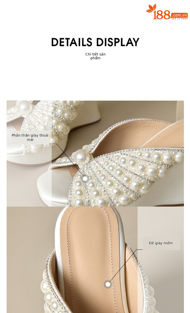Sandal cao gót nữ đế xuồng 9cm quai ngang đính cườm ngọc trai — Màu đen, Màu trắng sữa chi tiết 17