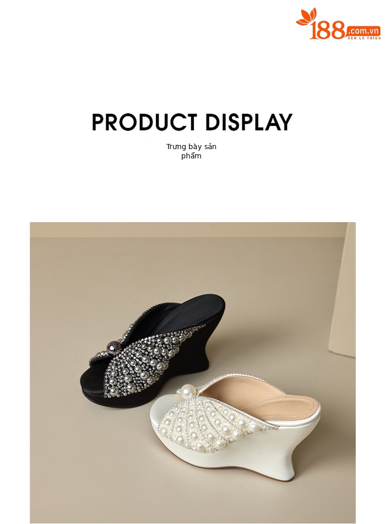 Sandal cao gót nữ đế xuồng 9cm quai ngang đính cườm ngọc trai — Màu đen, Màu trắng sữa chi tiết 20