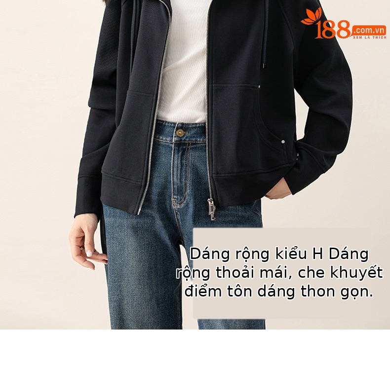Áo khoác nỉ dây kéo len pha trộn dáng rộng cổ lật cho nữ mùa thu — màu xanh hải quân chi tiết 10