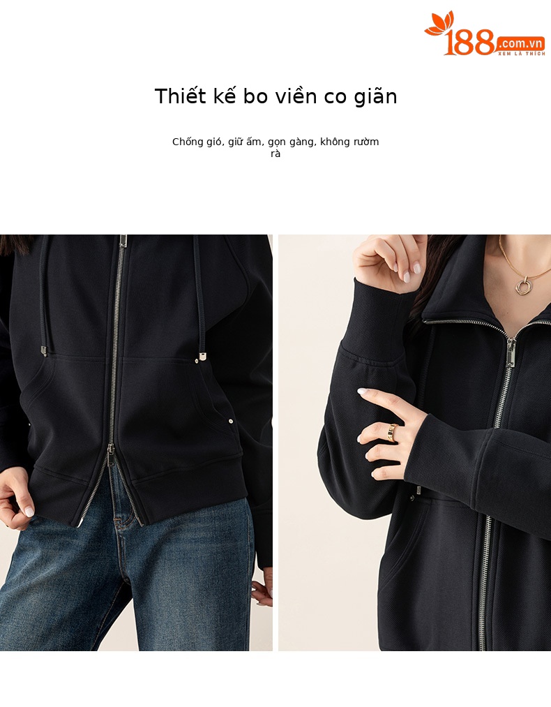 Áo khoác nỉ dây kéo len pha trộn dáng rộng cổ lật cho nữ mùa thu — màu xanh hải quân chi tiết 12