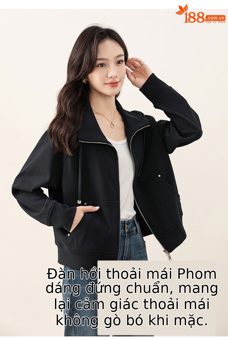 Áo khoác nỉ dây kéo len pha trộn dáng rộng cổ lật cho nữ mùa thu — màu xanh hải quân chi tiết 14