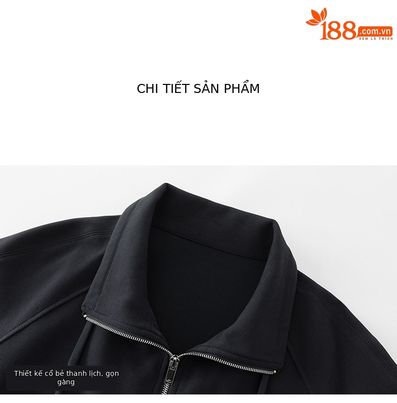 Áo khoác nỉ dây kéo len pha trộn dáng rộng cổ lật cho nữ mùa thu — màu xanh hải quân chi tiết 15